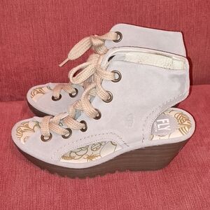 Fly London Yaba Gray Suede Leather Lace Up Wedge Heels 36